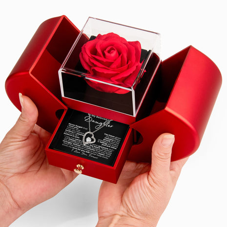 Beloved Daughter Necklace Gift Set — Forever Love Pendant + Preserved Rose | Finish → 14k White Gold over Steel / 18k Yellow Gold over Steel