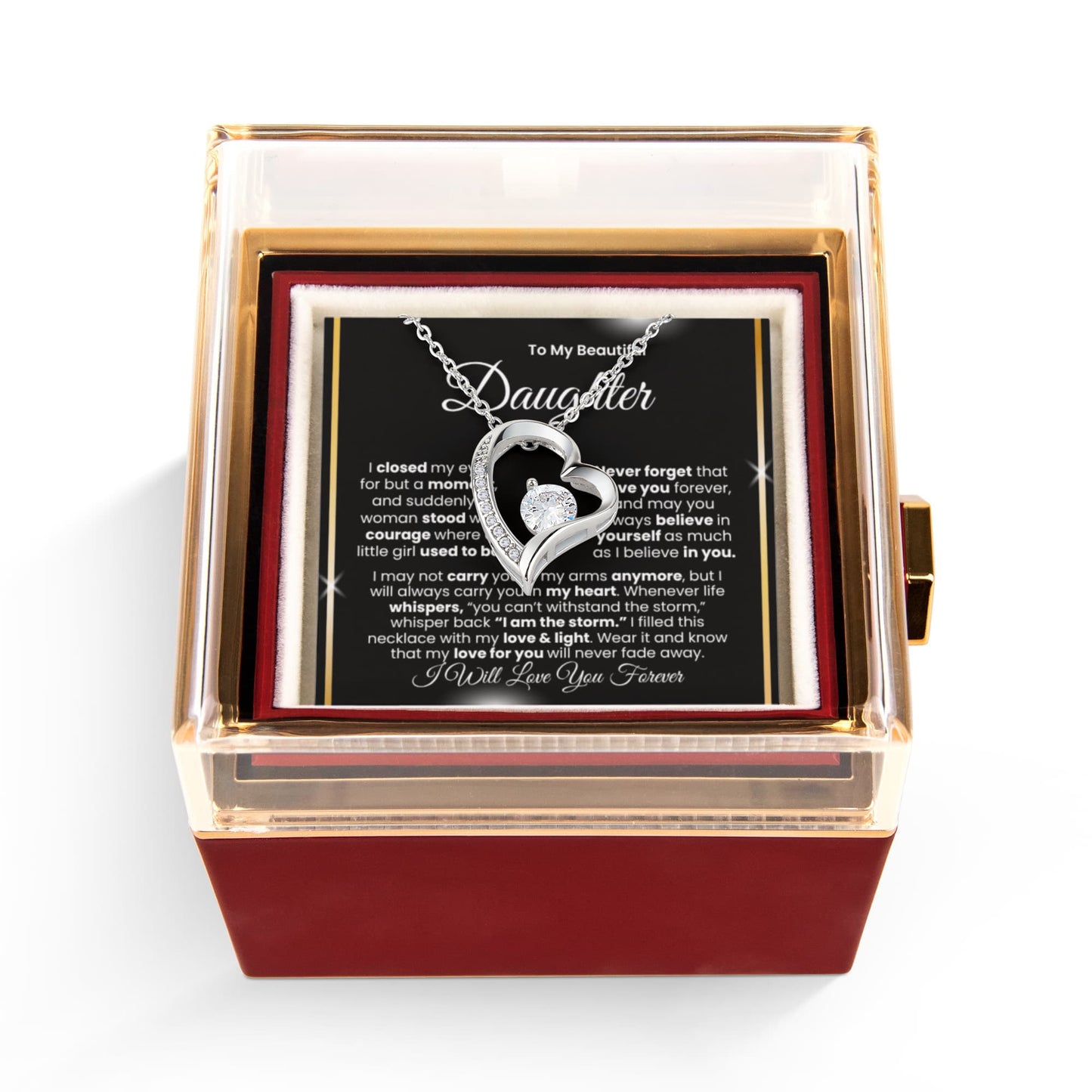 To My Beautiful Daughter™ — Forever Love Necklace (Rose Reveal Box) | Choose 14k White Gold Finish or 18k Yellow Gold Finish.