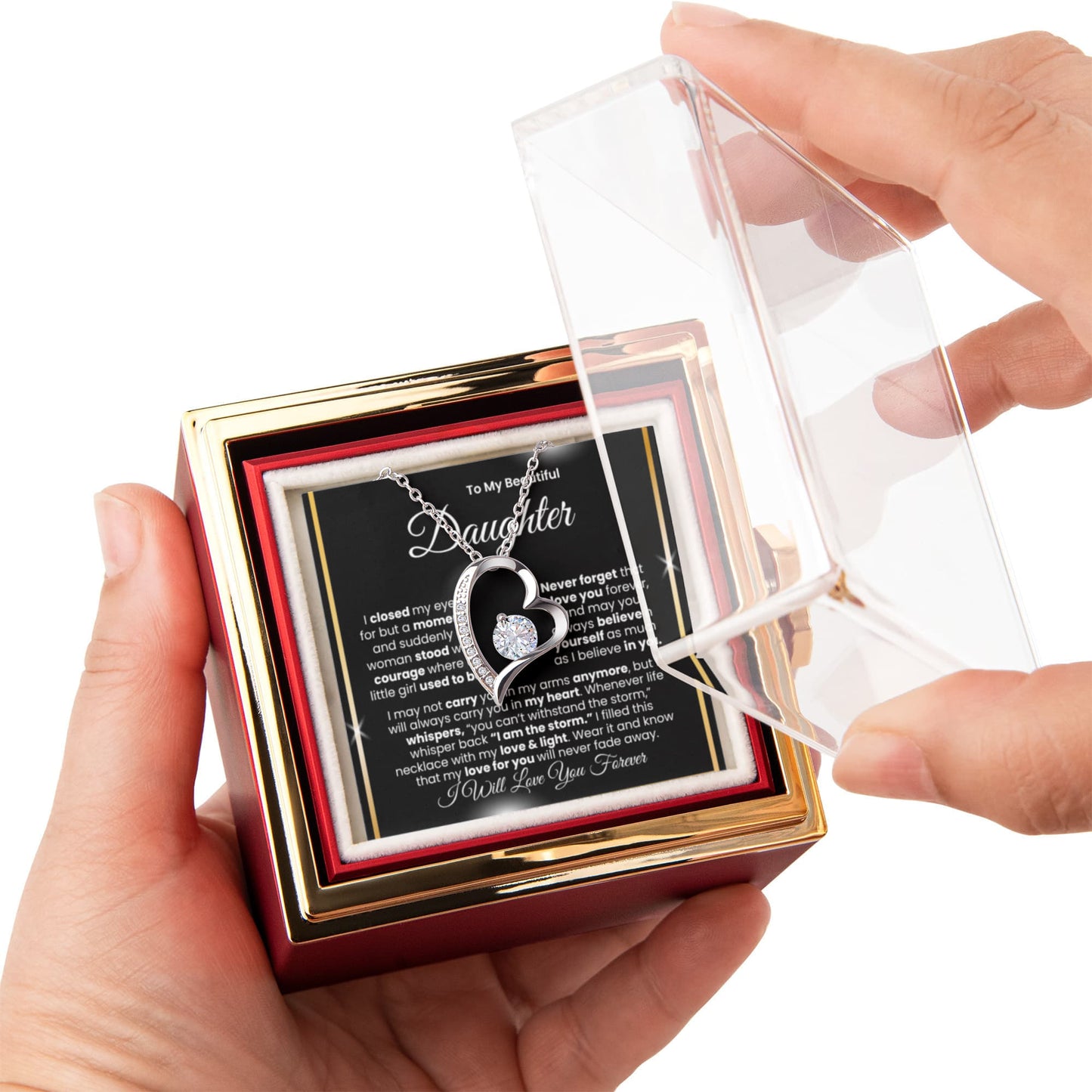 To My Beautiful Daughter™ — Forever Love Necklace (Rose Reveal Box) | Choose 14k White Gold Finish or 18k Yellow Gold Finish.