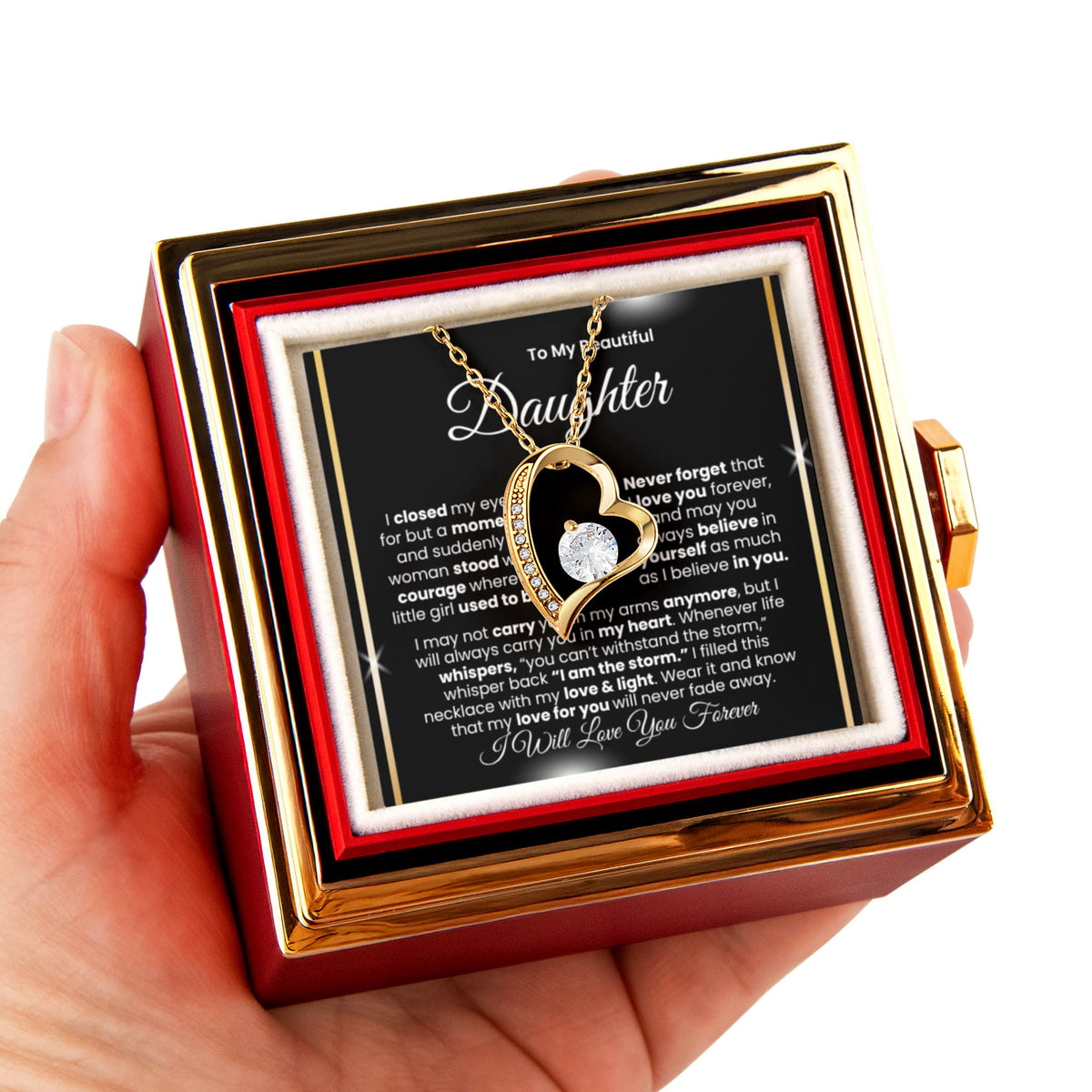 To My Beautiful Daughter™ — Forever Love Necklace (Rose Reveal Box) | Choose 14k White Gold Finish or 18k Yellow Gold Finish.