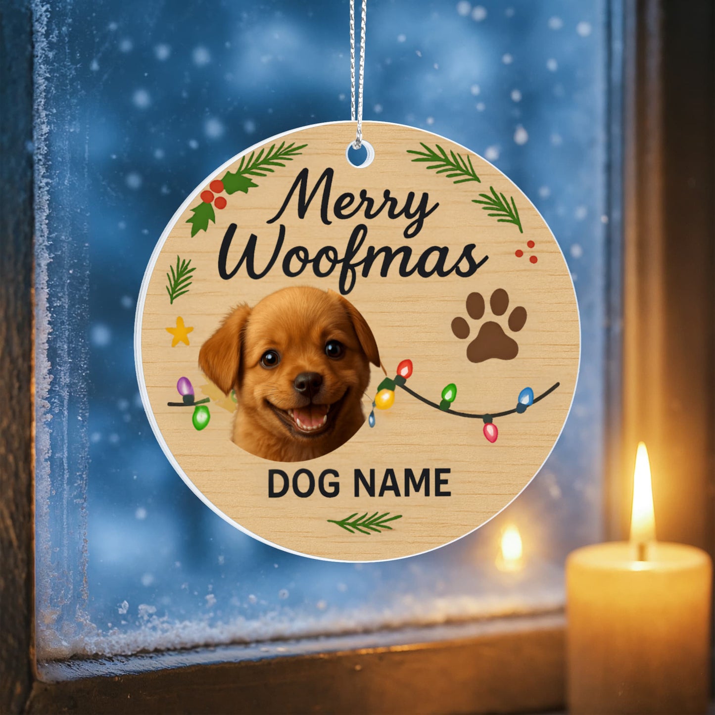 Personalize Your Furry Friend in a Holiday decor with this Acrylic Circle Ornament.