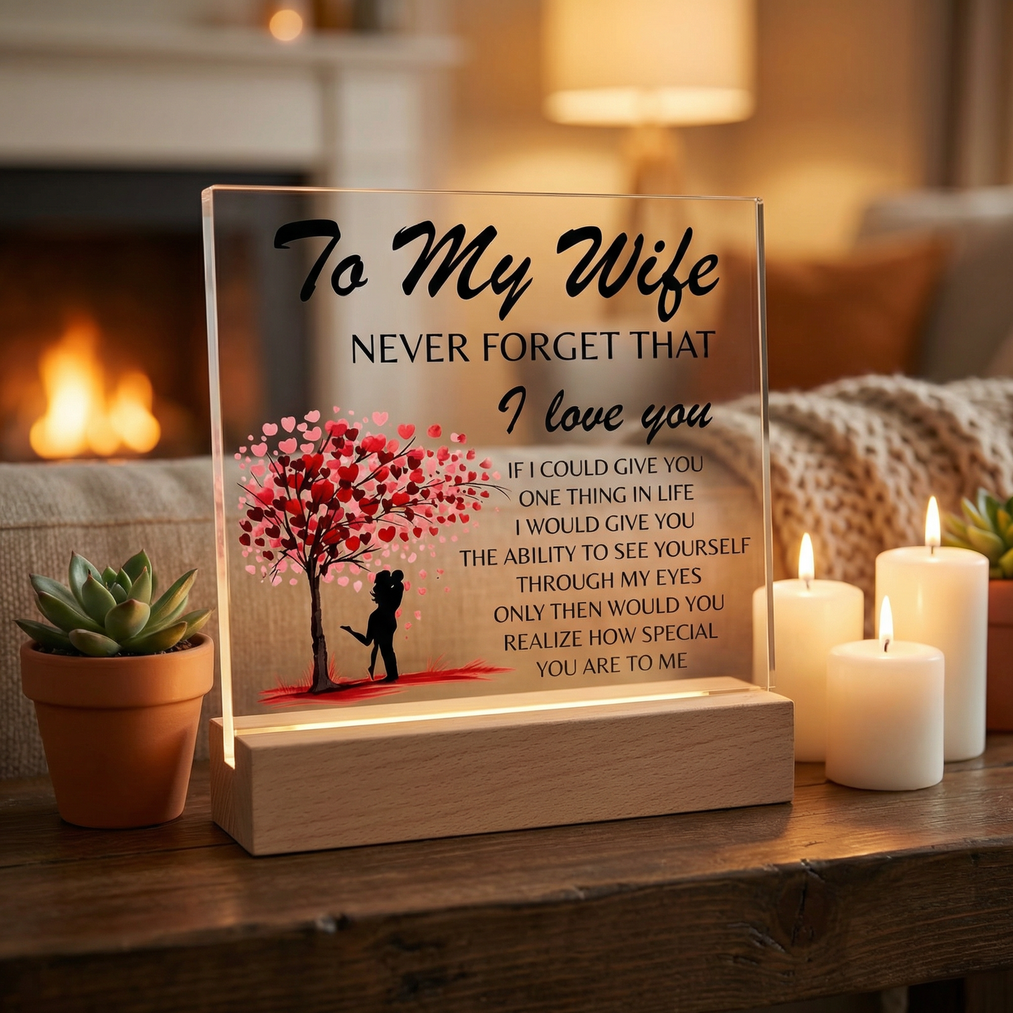 Lámpara Placa Acrílica Para Mi Esposa – Luz Nocturna Árbol Corazón “Nunca Olvides Que Te Amo” (Base de Madera LED, Regalo para Ella)