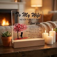 Lámpara Placa Acrílica Para Mi Esposa – Luz Nocturna Árbol Corazón “Nunca Olvides Que Te Amo” (Base de Madera LED, Regalo para Ella)