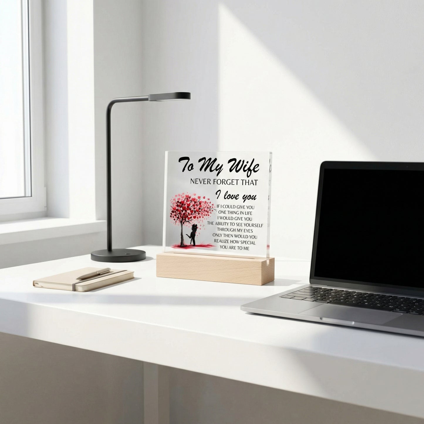 Lámpara Placa Acrílica Para Mi Esposa – Luz Nocturna Árbol Corazón “Nunca Olvides Que Te Amo” (Base de Madera LED, Regalo para Ella)