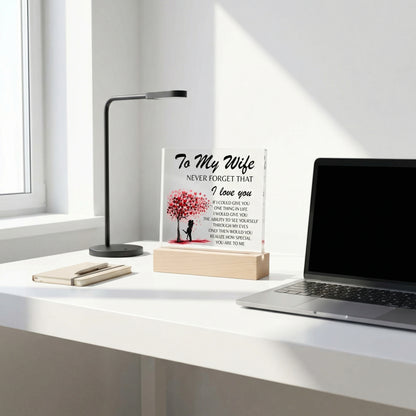 Lámpara Placa Acrílica Para Mi Esposa – Luz Nocturna Árbol Corazón “Nunca Olvides Que Te Amo” (Base de Madera LED, Regalo para Ella)