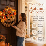Rustic Lighted Burlap Pumpkin Wreath