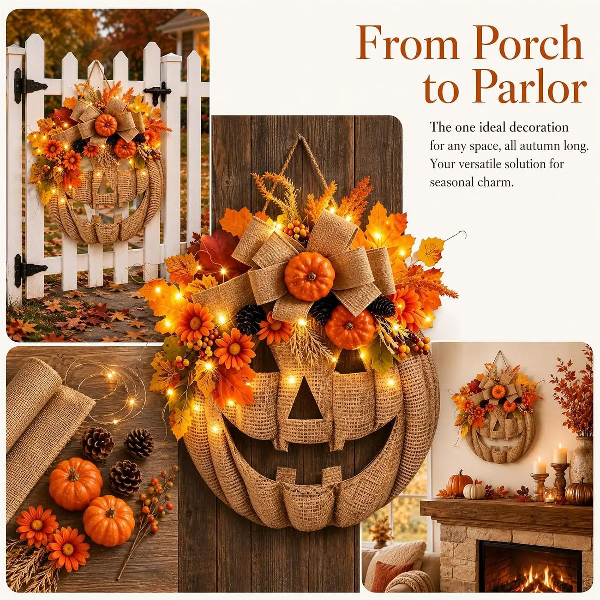 Rustic Lighted Burlap Pumpkin Wreath