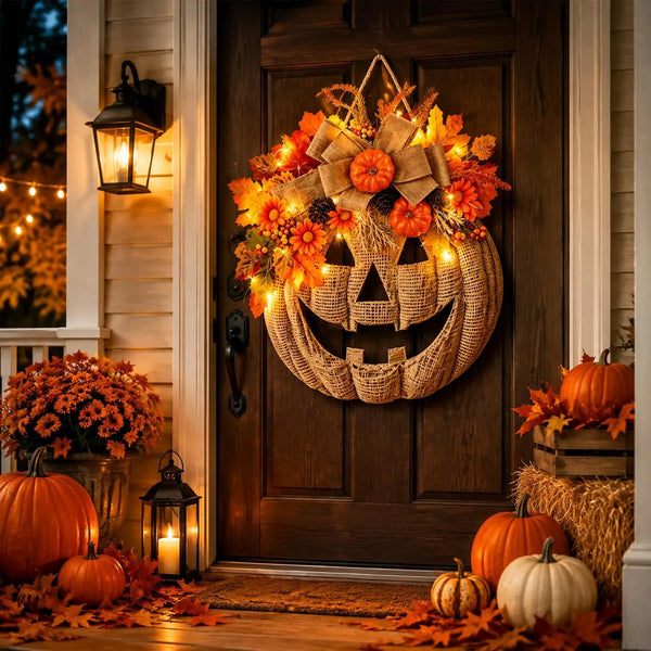 Rustic Lighted Burlap Pumpkin Wreath